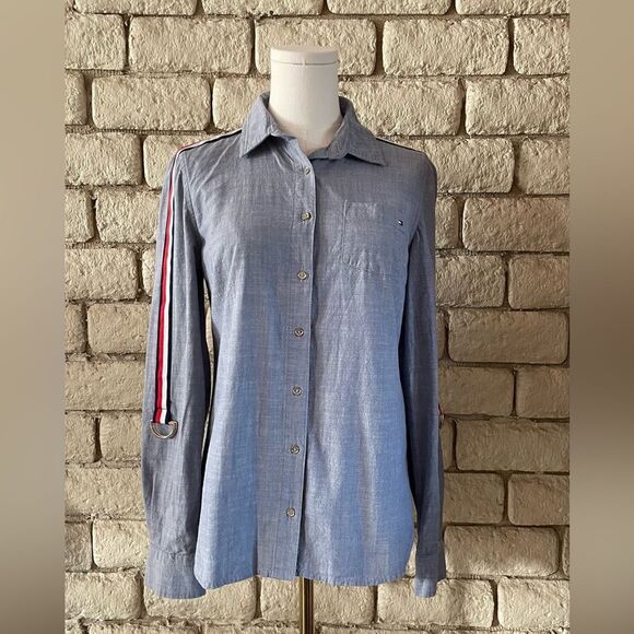 Tommy Hilfiger Light Blue Shirt with Red and White Accents - Picture 1 of 8